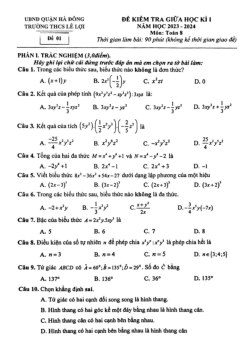 Đề giữa học kì 1 Toán 8 năm 2023 – 2024 trường THCS Lê Lợi – Hà Nội