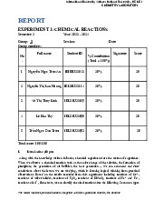 A Report - Laboratory experiment 1 : Chemical reactions | Bài báo cáo học phần Chemistry Laboratory | Trường Đại học Quốc tế, Đại học Quốc gia Thành phố Hồ Chí Minh
