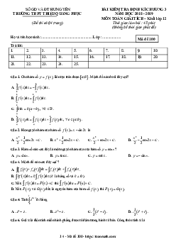 Đề kiểm tra Giải tích 12 chương 3 năm 2018 – 2019 trường Triệu Quang Phục – Hưng Yên
