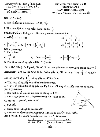 Đề thi học kỳ 2 Toán 6 năm 2020 – 2021 trường THCS Vũng Tàu – BR VT