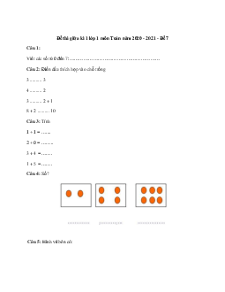 Đề thi giữa kì 1 lớp 1 môn Toán năm 2020 - 2021 - Đề 7