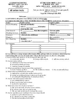 Kì thi năng khiếu lần 5 môn Tiếng Anh khối 10 năm 2021-2022 chuyên trường THPT Nguyễn Trãi - Hải Dương (có đáp án)