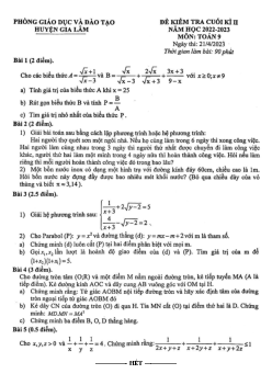 Đề cuối kì 2 Toán 9 năm 2022 – 2023 phòng GD&ĐT Gia Lâm – Hà Nội