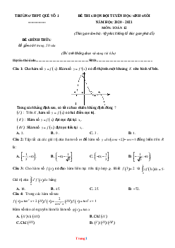 Đề Thi Chọn HSG Toán 12 Trường THPT Quế Võ 1 Năm 2020-2021 Có Đáp Án