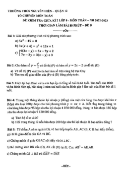 Đề giữa kì 2 Toán 9 năm 2022 – 2023 trường THCS Nguyễn Hiền – TP HCM