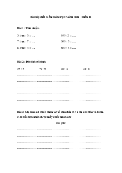 Phiếu bài tập cuối tuần Toán lớp 3 - Tuần 11 (cơ bản) |  Cánh Diều