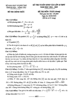 Đề tuyển sinh lớp 10 môn Toán (chung) năm 2024 – 2025 sở GD&ĐT Bà Rịa – Vũng Tàu