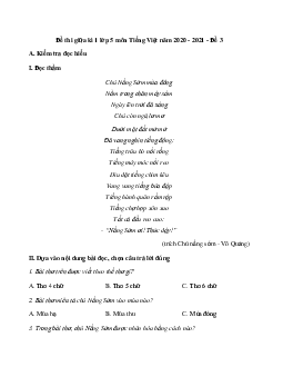 Đề thi giữa kì 1 lớp 5 môn Tiếng Việt năm 2020-2021 - Số 3