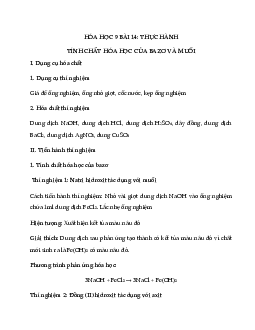 Hóa học 9 bài 14: Thực hành Tính chất hóa học của bazơ và muối