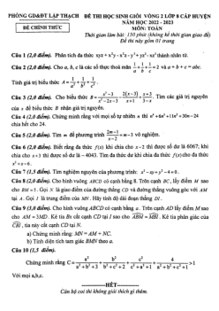 Đề HSG huyện Toán 8 vòng 2 năm 2022 – 2023 phòng GD&ĐT Lập Thạch – Vĩnh Phúc