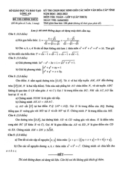 Đề học sinh giỏi cấp tỉnh Toán 9 năm 2022 – 2023 sở GD&ĐT Long An
