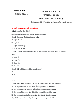 Đề thi giữa học kì 2 môn Lịch sử - Địa lí 7 năm 2023 - 2024 sách Cánh diều - Đề 3