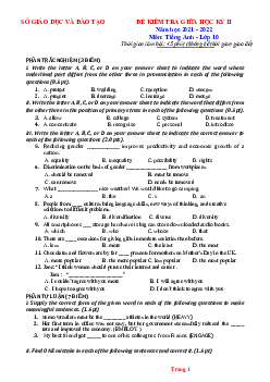Đề thi giữa HK2 Tiếng Anh 10 năm 2022 - Đề 5 (có đáp án)