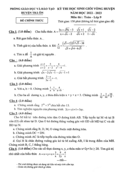 Đề học sinh giỏi huyện Toán 9 năm 2022 – 2023 phòng GD&ĐT Trà Ôn – Vĩnh Long