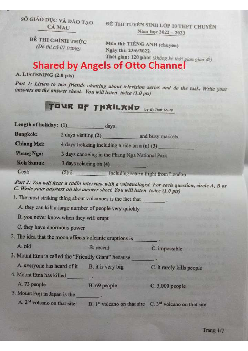 Đề thi tuyển sinh vào lớp 10 THPT Chuyên tỉnh Cà Mau môn Tiếng Anh (Chuyên) năm học 2022-2023