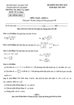 Đề thi học kỳ 2 Toán 11 năm 2021 – 2022 trường Quốc tế Á Châu – TP HCM