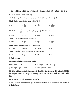 Đề thi học kì 2 môn Toán lớp 5 năm học 2019 - 2020 - Đề số 2