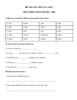 Đề thi giữa kì 2 lớp 5 môn tiếng Anh năm 2019 - 2020