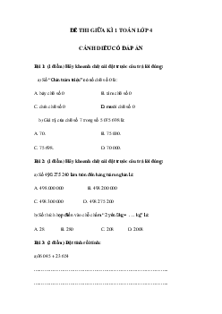 Đề ôn thi giữa kì 1 Toán lớp 4 Cánh diều - Đề số 2