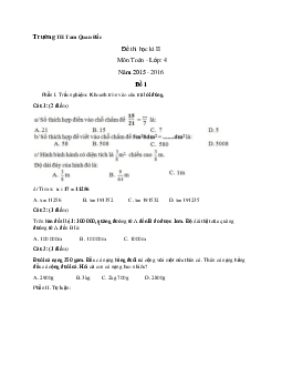 Đề thi học kì 2 môn Toán lớp 4 trường tiểu học Tam Quan Bắc năm 2015 - 2016