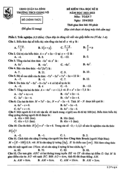 Đề học kì 2 Toán 7 năm 2022 – 2023 trường THCS Giảng Võ – Hà Nội