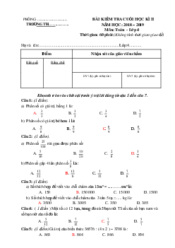 Đề thi học kì 2 môn Toán lớp 4 theo Thông tư 22 năm học 2018 - 2019