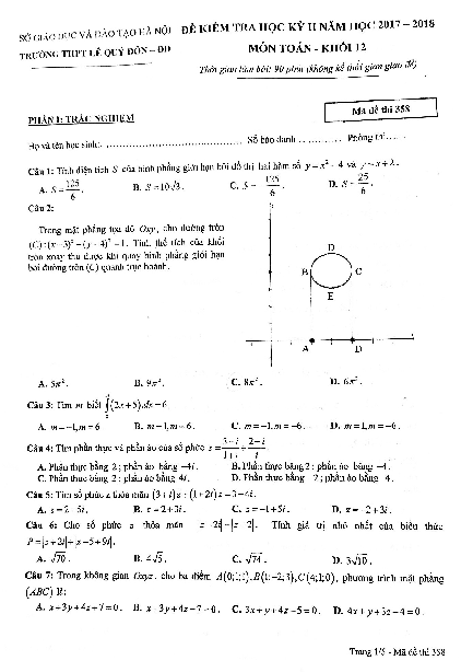 Đề kiểm tra học kỳ 2 Toán 12 năm 2017 – 2018 trường THPT Lê Quý Đôn – Hà Nội