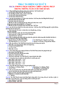 Trắc nghiệm Sử 8 Bài 26 Phong trào kháng chiến chống Pháp trong những năm cuối thế kỷ 19 (có đáp án)