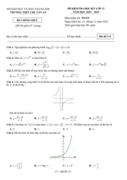 Đề học kì 1 Toán 12 năm 2022 – 2023 trường THPT Chu Văn An – Hà Nội