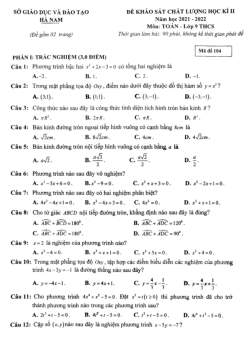 Đề học kì 2 Toán 9 năm 2021 – 2022 sở GD&ĐT Hà Nam