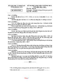 Đề thi HSG môn Lịch Sử 9 Sở GD Quảng Nam năm học 2021-2022 (có đáp án)