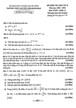 Đề thi học kỳ 2 Toán 11 năm 2023 – 2024 trường THPT Nguyễn Thị Minh Khai – TP HCM