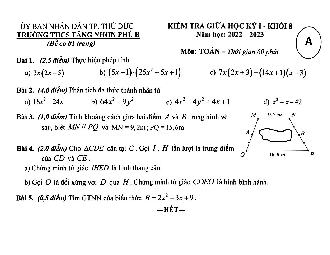 Đề giữa kỳ 1 Toán 8 năm 2022 – 2023 trường THCS Tăng Nhơn Phú B – TP HCM