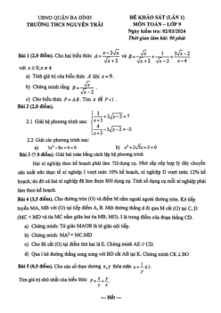 Đề khảo sát lần 1 Toán 9 năm 2023 – 2024 trường THCS Nguyễn Trãi – Hà Nội