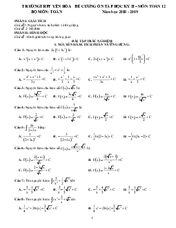 Đề cương ôn tập HK2 Toán 12 năm 2018 – 2019 trường THPT Yên Hòa – Hà Nội