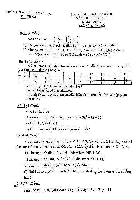 Đề thi học kỳ 2 Toán 7 năm 2017 – 2018 phòng GD và ĐT Thanh Oai – Hà Nội