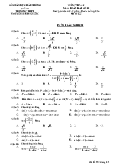 Đề kiểm tra Đại số 10 chương 6 (Công thức lượng giác) trường THPT Nguyễn Bỉnh Khiêm – Hải Phòng