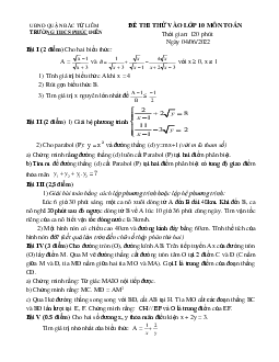 Đề thi thử vào lớp 10 môn Toán năm 2022 trường THCS Phúc Diễn – Hà Nội