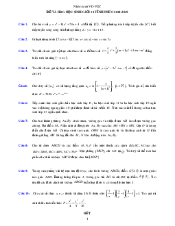 Đề thi chọn HSG Toán 12 THPT năm học 2018 – 2019 sở GD và ĐT Vĩnh Phúc