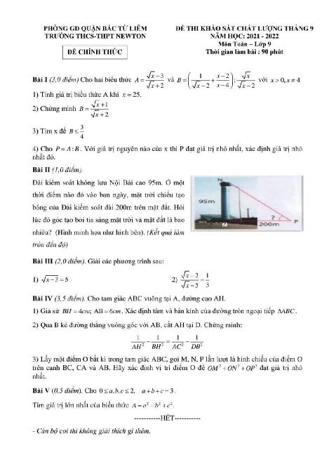 Đề khảo sát chất lượng Toán 9 năm 2021 – 2022 trường THCS&THPT Newton – Hà Nội