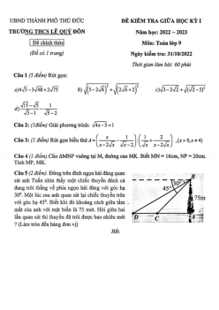 Đề giữa học kỳ 1 Toán 9 năm 2022 – 2023 trường THCS Lê Quý Đôn – TP HCM