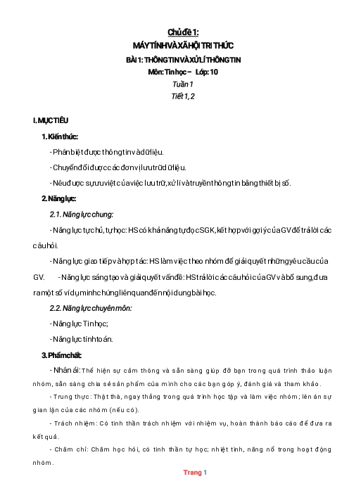 Giáo án môn Tin 10 Kết nối tri thức học kì 1