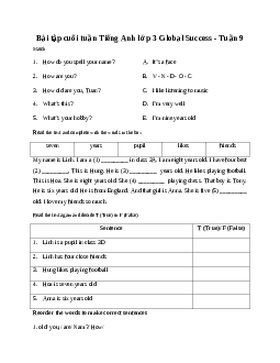 Bài tập cuối tuần Tiếng Anh lớp 3 Global Success - Tuần 9