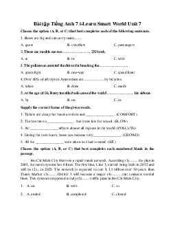 Bài tập Tiếng Anh 7 i-Learn Smart World Unit 7