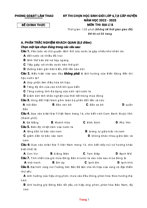 Đề thi HSG Địa lí 8 huyện Lâm Thao 2022-2023 có đáp án