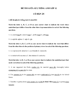 Đề thi giữa học kì 2 lớp 12 môn tiếng Anh năm 2022 - 2023