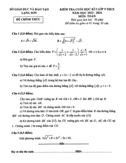 Đề kiểm tra cuối học kì 1 Toán 9 năm 2023 – 2024 sở GD&ĐT Lạng Sơn