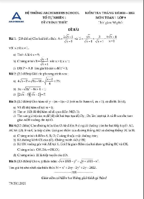 Đề kiểm tra Toán 9 tháng 10 năm 2021 trường THCS Archimedes Academy – Hà Nội