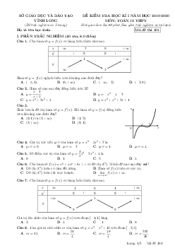 Đề kiểm tra học kì 1 Toán 12 năm 2019 – 2020 sở GD&ĐT Vĩnh Long