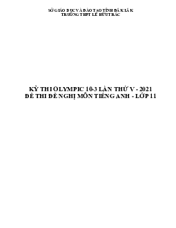 Đề thi Olympic 10 tháng 3 lần thứ 5 môn Tiếng Anh năm 2021 lớp 11 THPT Lê Hữu Trác